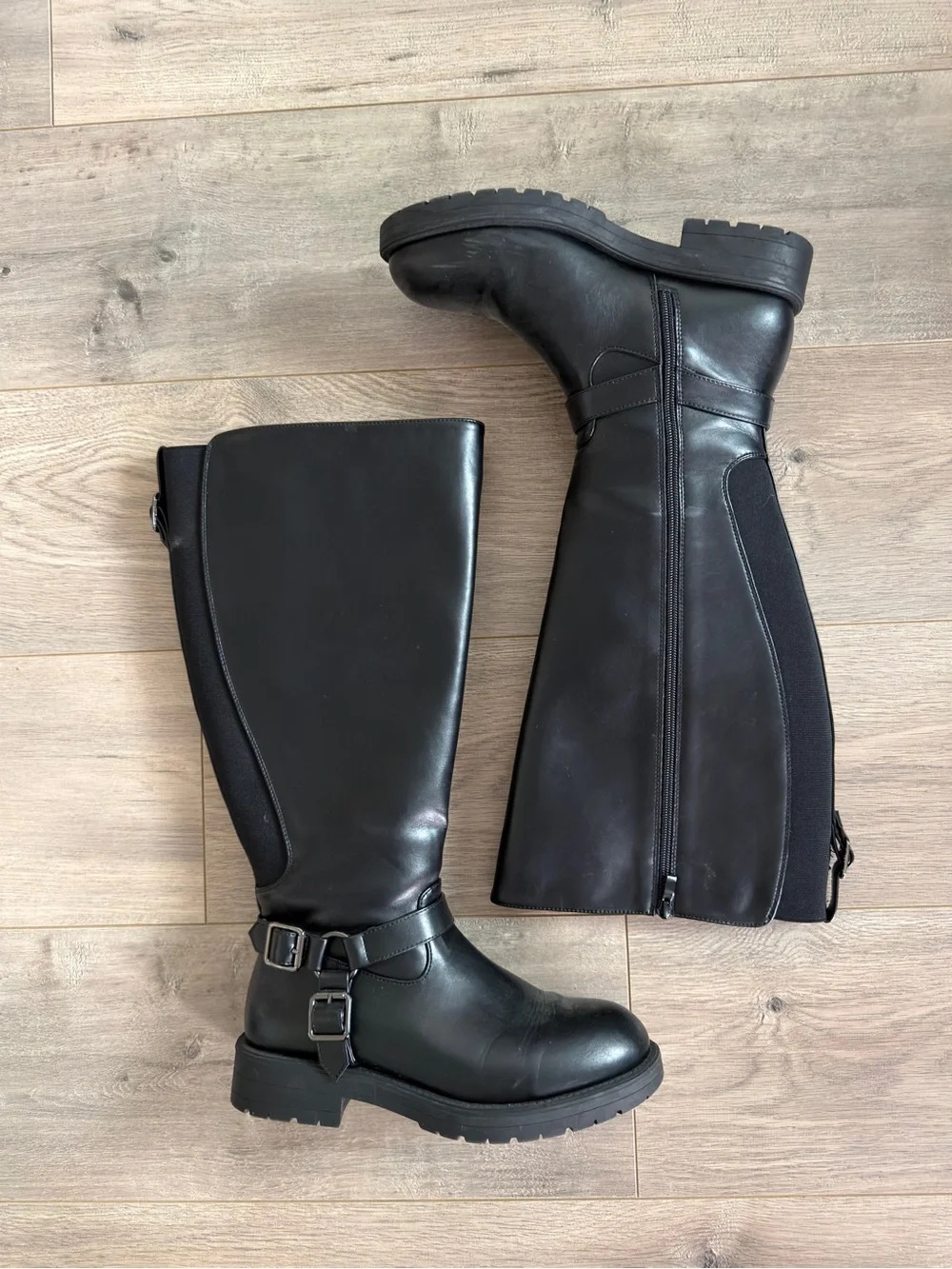 Women's Black Knee High Buckle Riding Boots